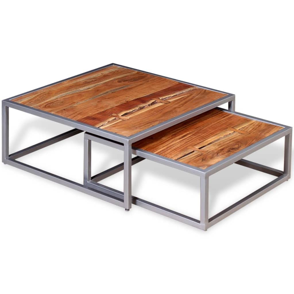 Acacia Wood and Steel Coffee Table Set of 2 Brown L39614