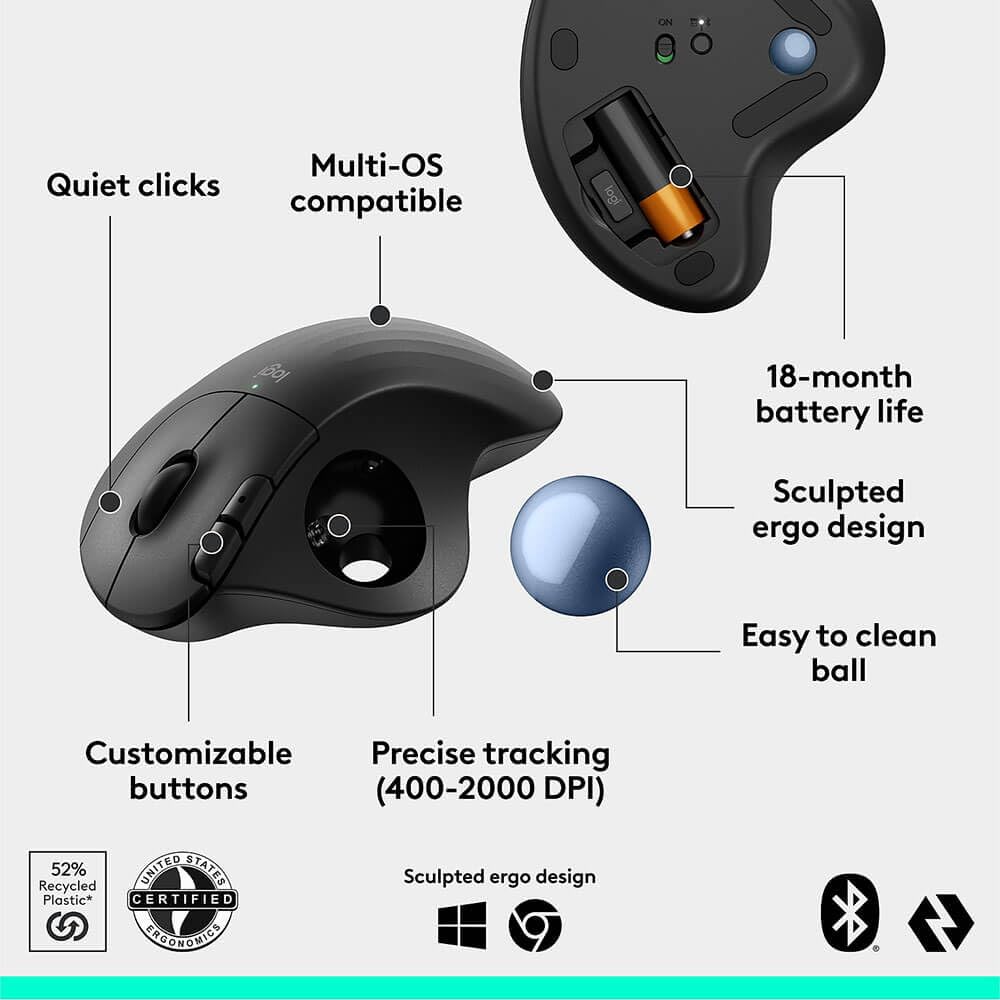 Wireless Ergonomic Trackball Mouse Black Z731409