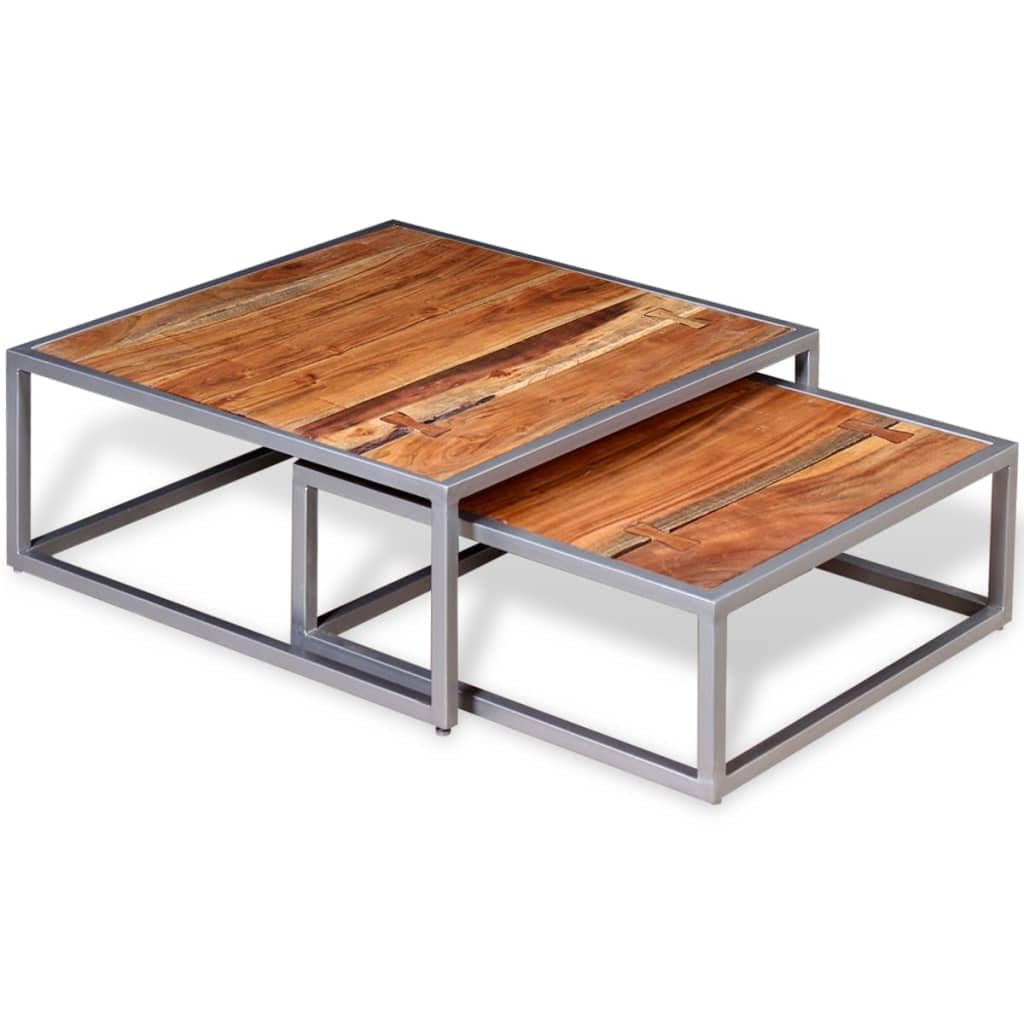 Acacia Wood and Steel Coffee Table Set of 2 Brown L39614