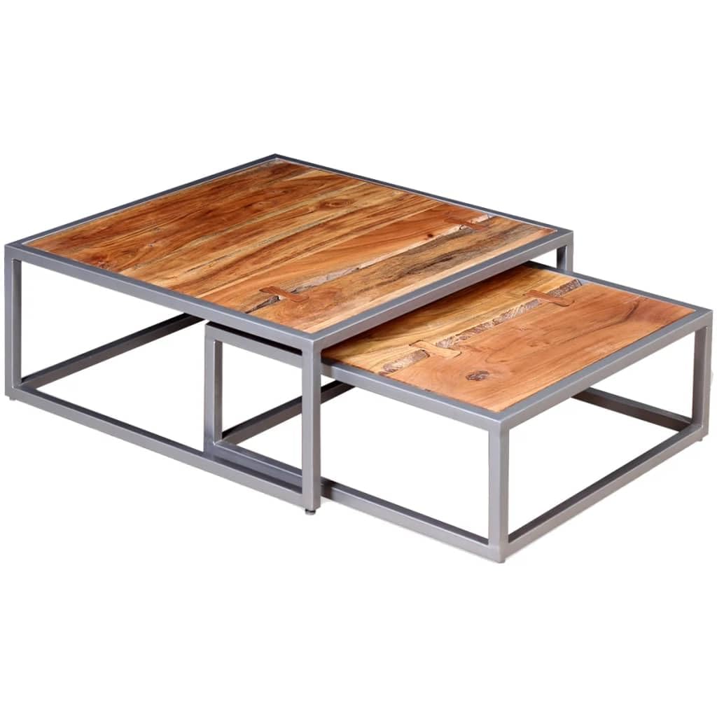 Acacia Wood and Steel Coffee Table Set of 2 Brown L39614