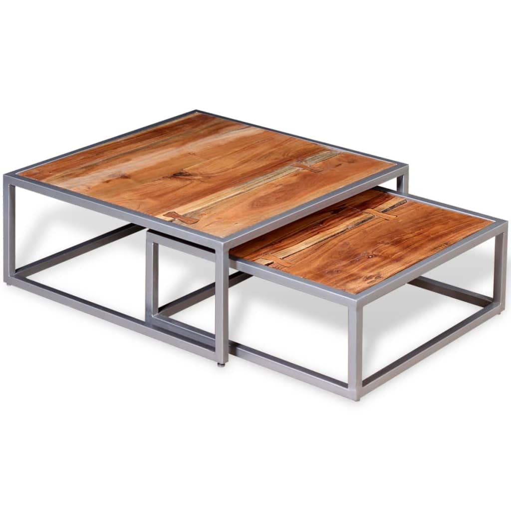 Acacia Wood and Steel Coffee Table Set of 2 Brown L39614