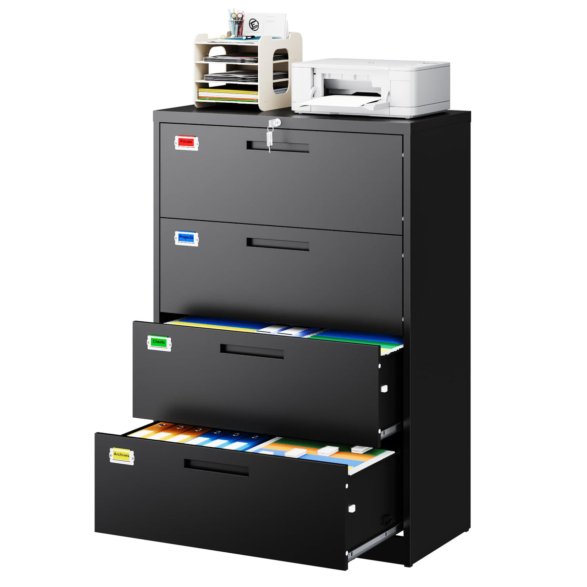 4 Drawer File Cabinet with Lock, Black S593386