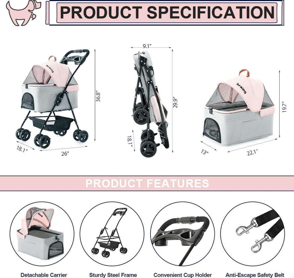 Pink Gray Pet Stroller with Detachable Carrier H126914
