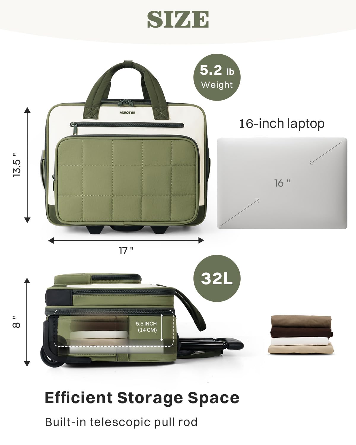 Rolling Puffer Laptop Bag, 16 Inch Water Resistant Carry On Luggage with Wheels, Green S798385