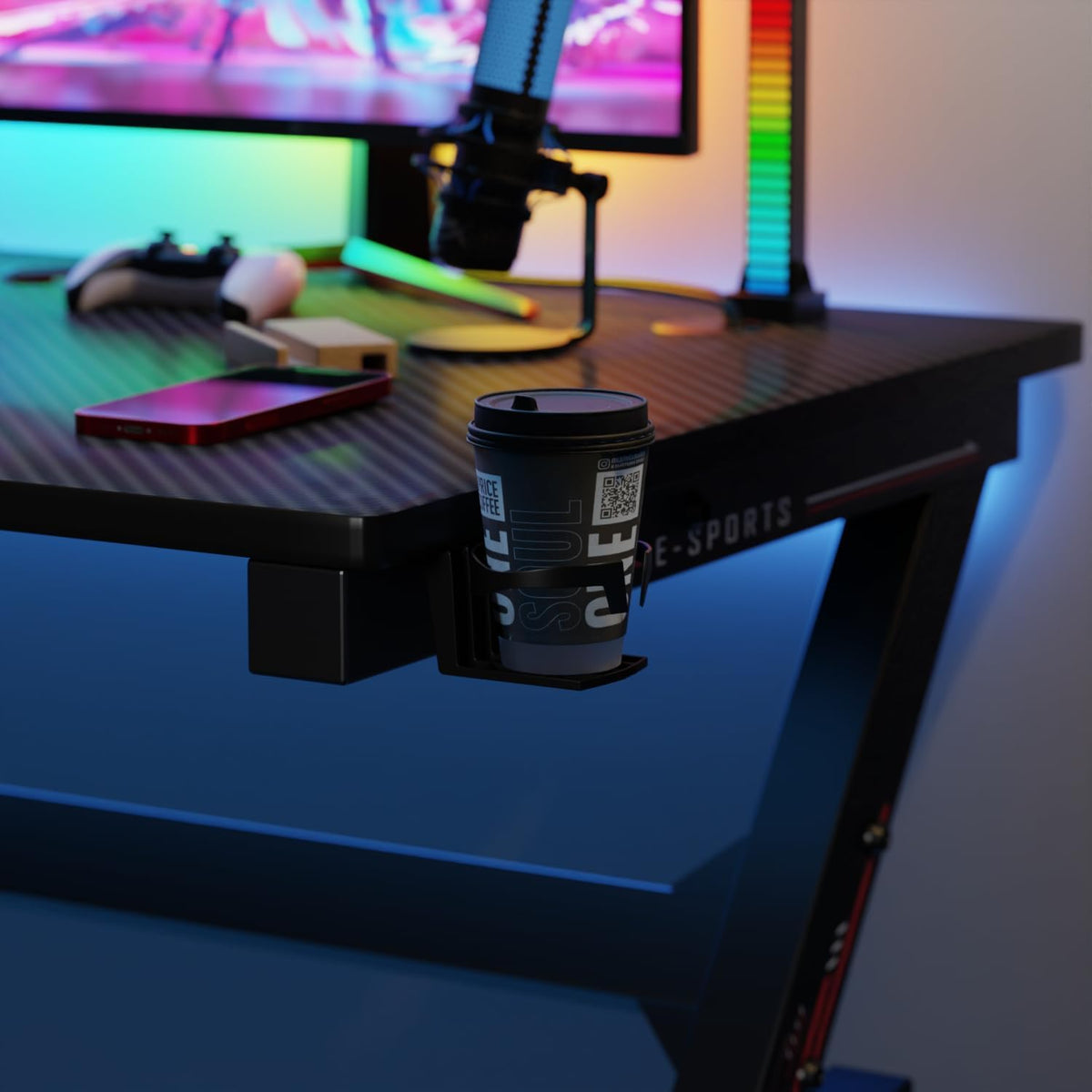 47 Inch Carbon Fiber Gaming Desk with Cup Holder and Headphone Hook P154