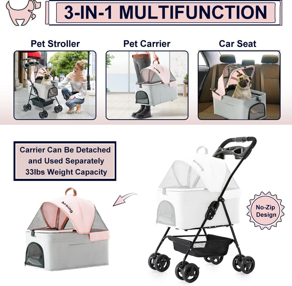 Pink Gray Pet Stroller with Detachable Carrier H126914