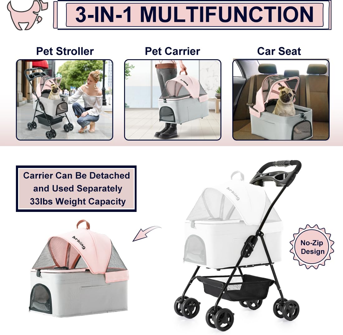 Pink Gray Pet Stroller with Detachable Carrier H126914