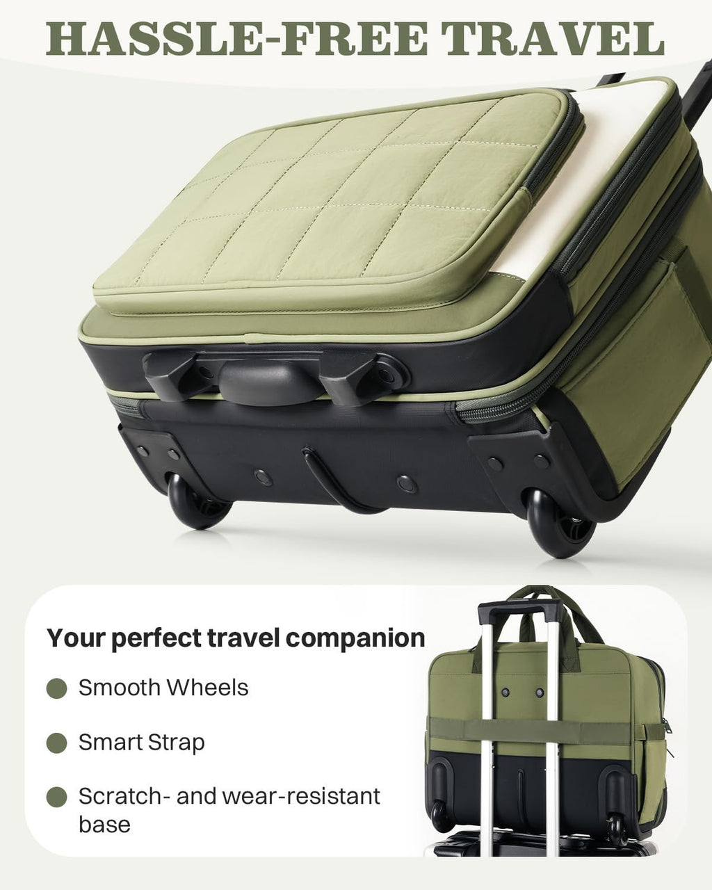 Rolling Puffer Laptop Bag, 16 Inch Water Resistant Carry On Luggage with Wheels, Green S798385