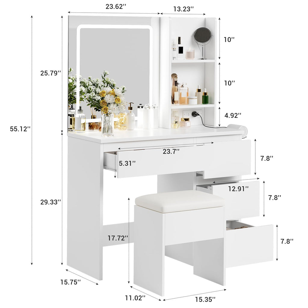 White Vanity Desk with Mirror and LED Light F57546