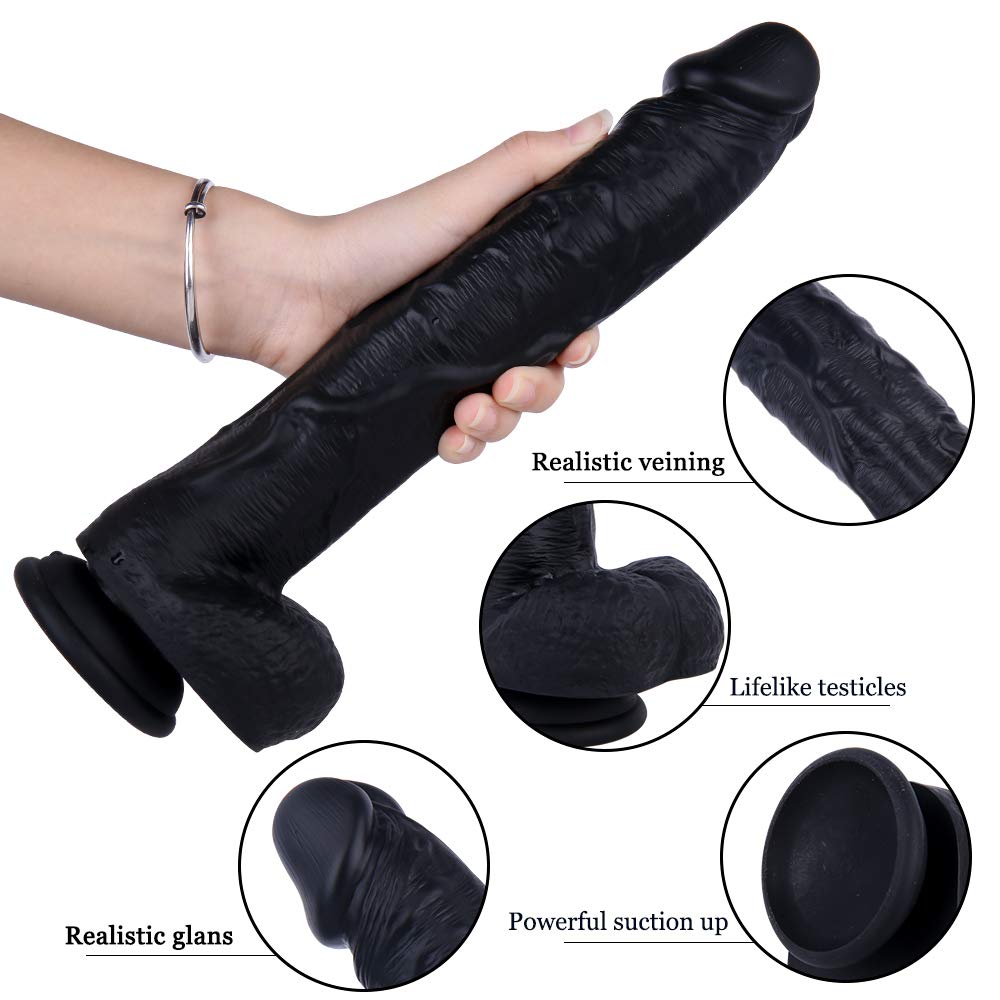 12 Inch Black Realistic Silicone Dildo with Suction Cup H478780