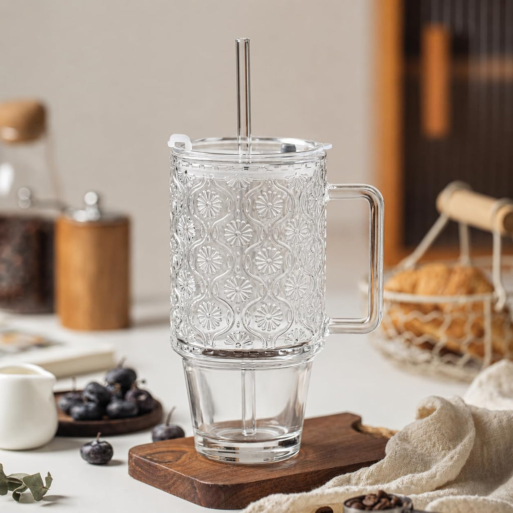 24 Oz Ribbed Glass Tumblers with Lids and Straws M32274