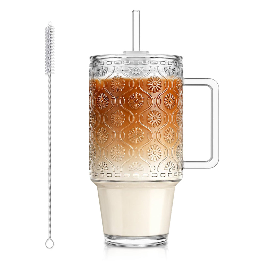 24 Oz Ribbed Glass Tumblers with Lids and Straws M32274