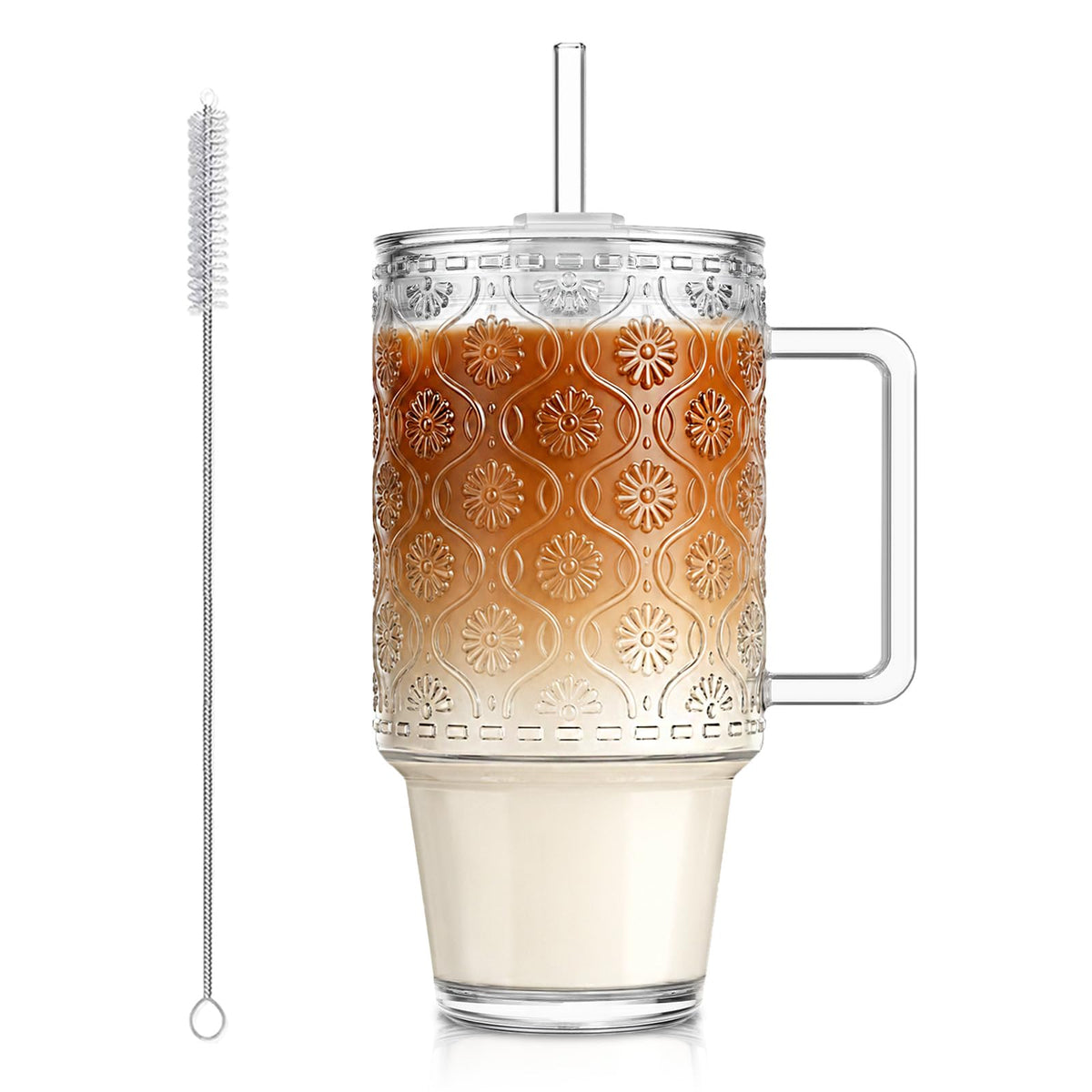 24 Oz Ribbed Glass Tumblers with Lids and Straws M32274
