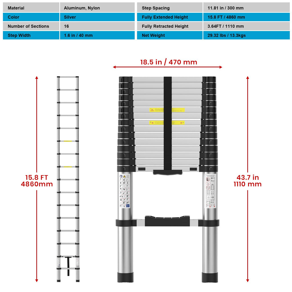 15.8FT Aluminum Telescoping Ladder 330LBS Capacity T94261