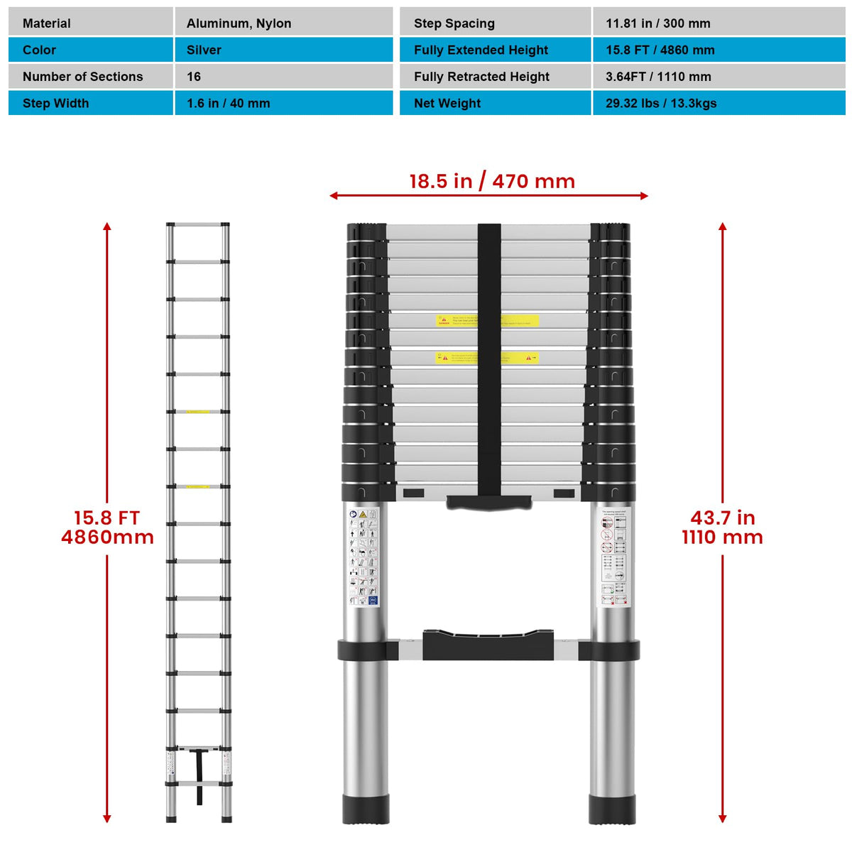 15.8FT Aluminum Telescoping Ladder 330LBS Capacity T94261