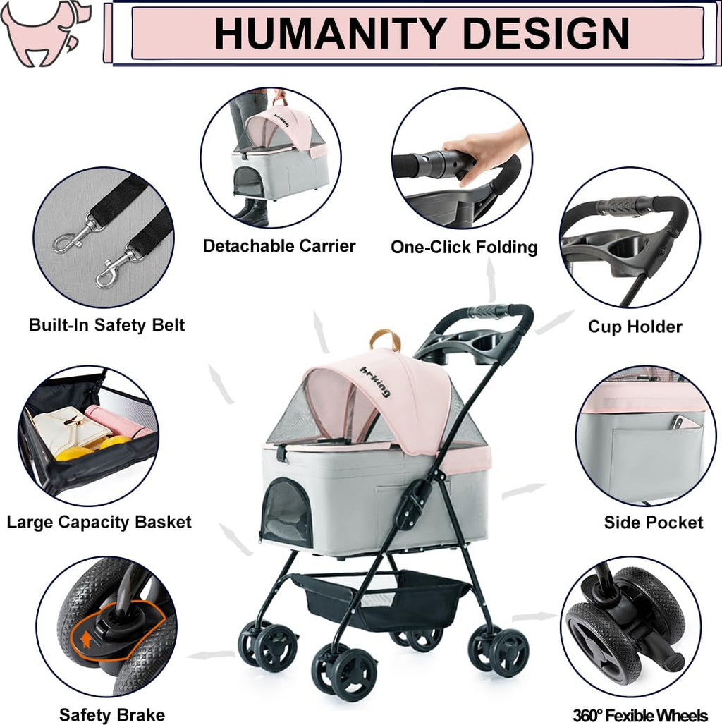 Pink Gray Pet Stroller with Detachable Carrier H126914