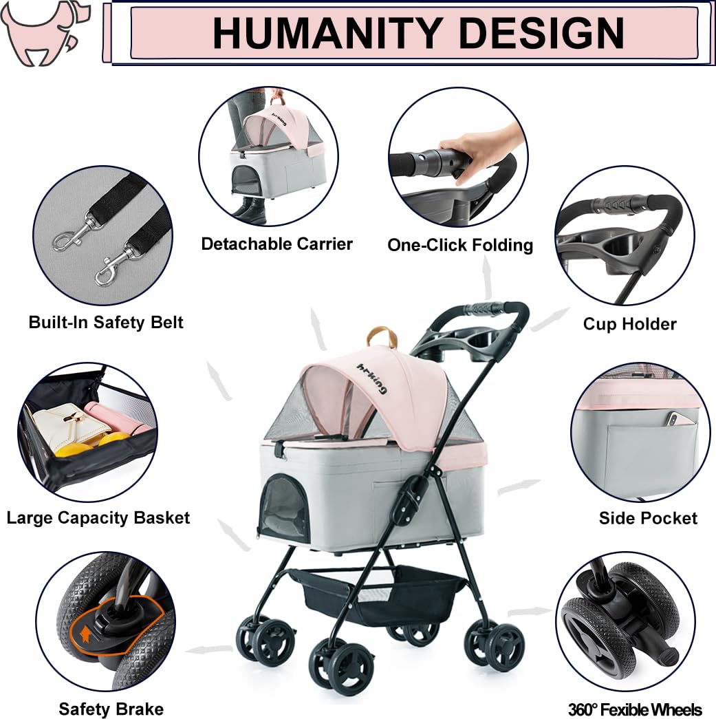 Pink Gray Pet Stroller with Detachable Carrier H126914