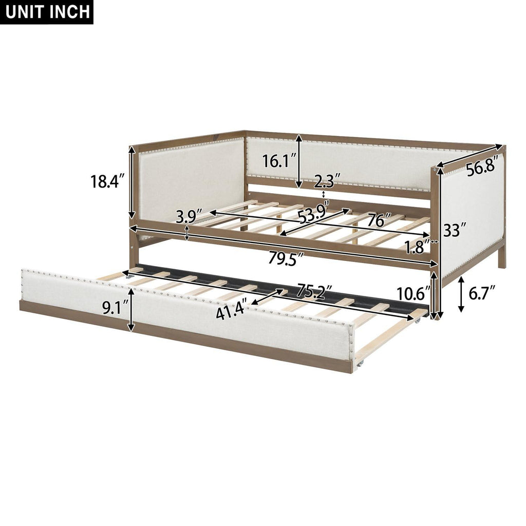 Full Size Upholstered Daybed with Trundle Linen Fabric D7882