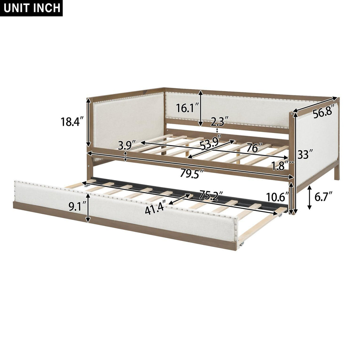 Full Size Upholstered Daybed with Trundle Linen Fabric D7882