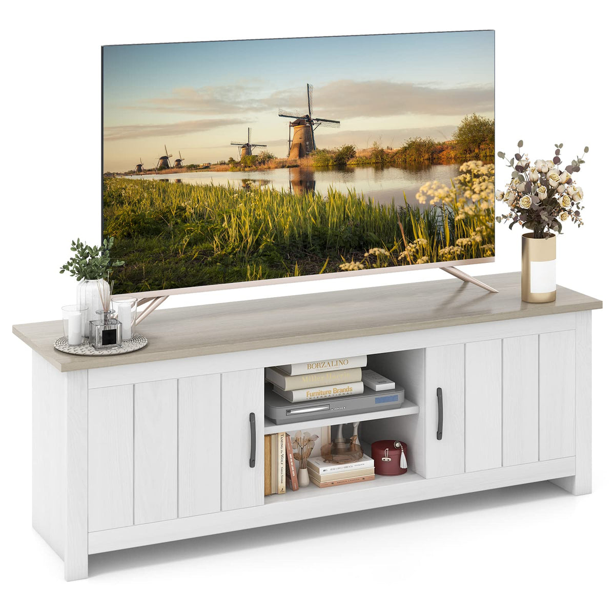 2 Doors TV Stand with 2 Cabinets & Open Shelves R51076