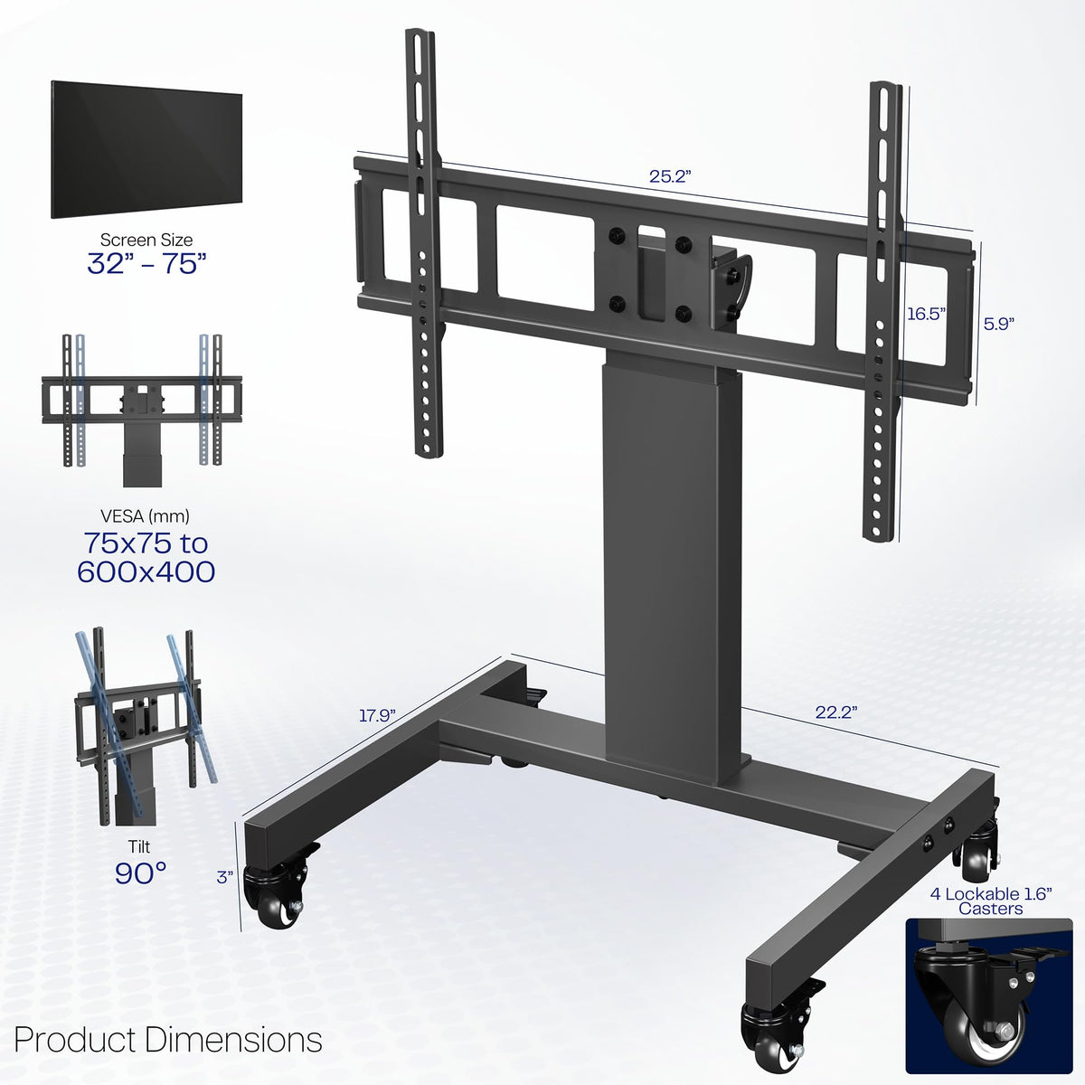 Low Height TV Cart for 32 to 75 inch Screens, Black Y195