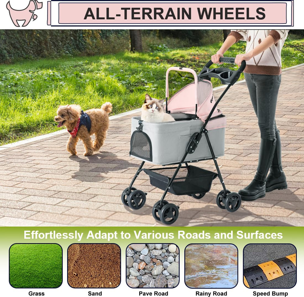 Pink Gray Pet Stroller with Detachable Carrier H126914