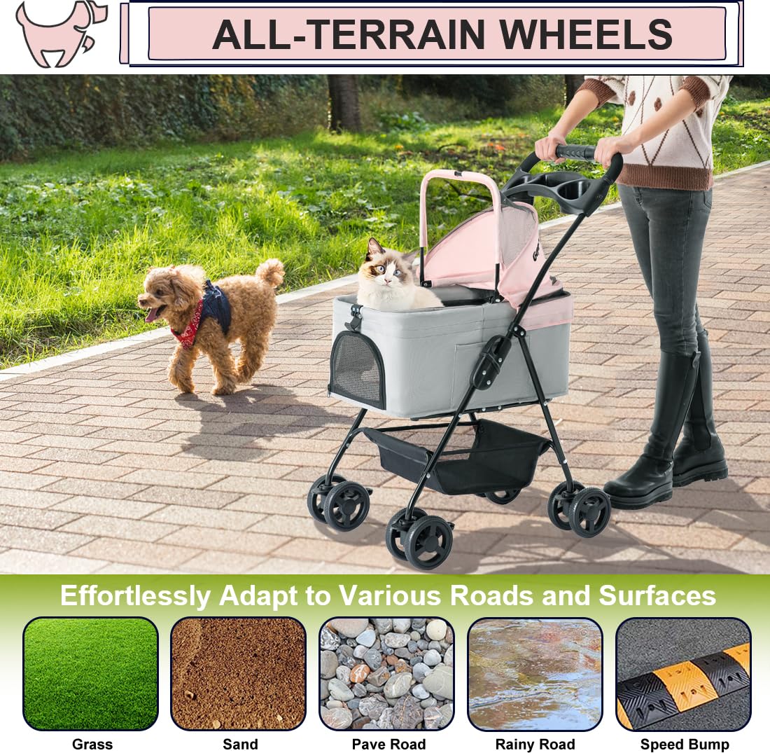 Pink Gray Pet Stroller with Detachable Carrier H126914