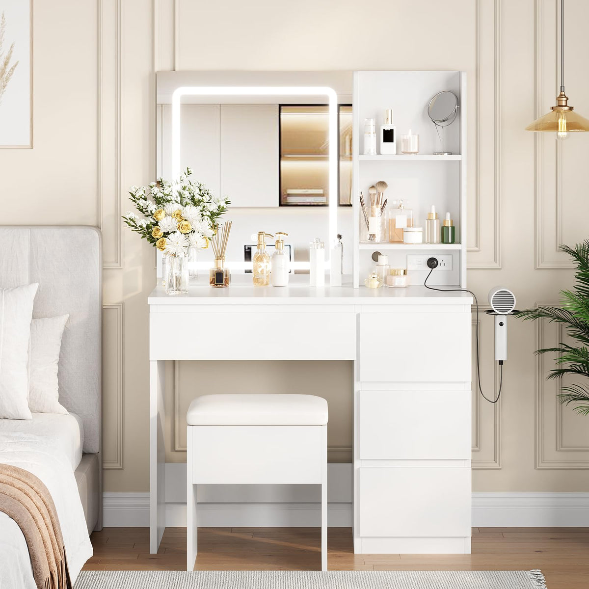 White Vanity Desk with Mirror and LED Light F57546