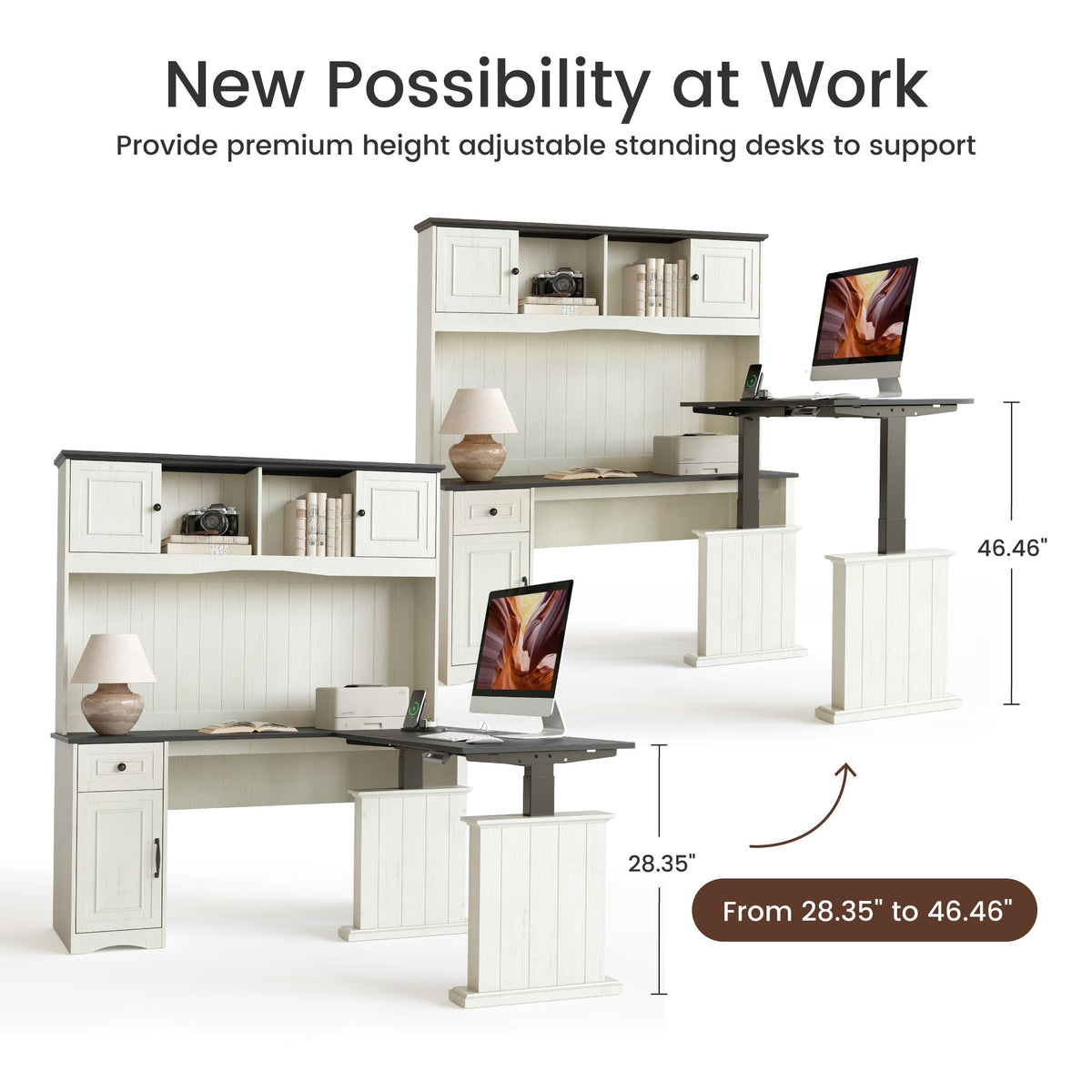 L Shaped Electric Standing Desk with Hutch and Drawers D785