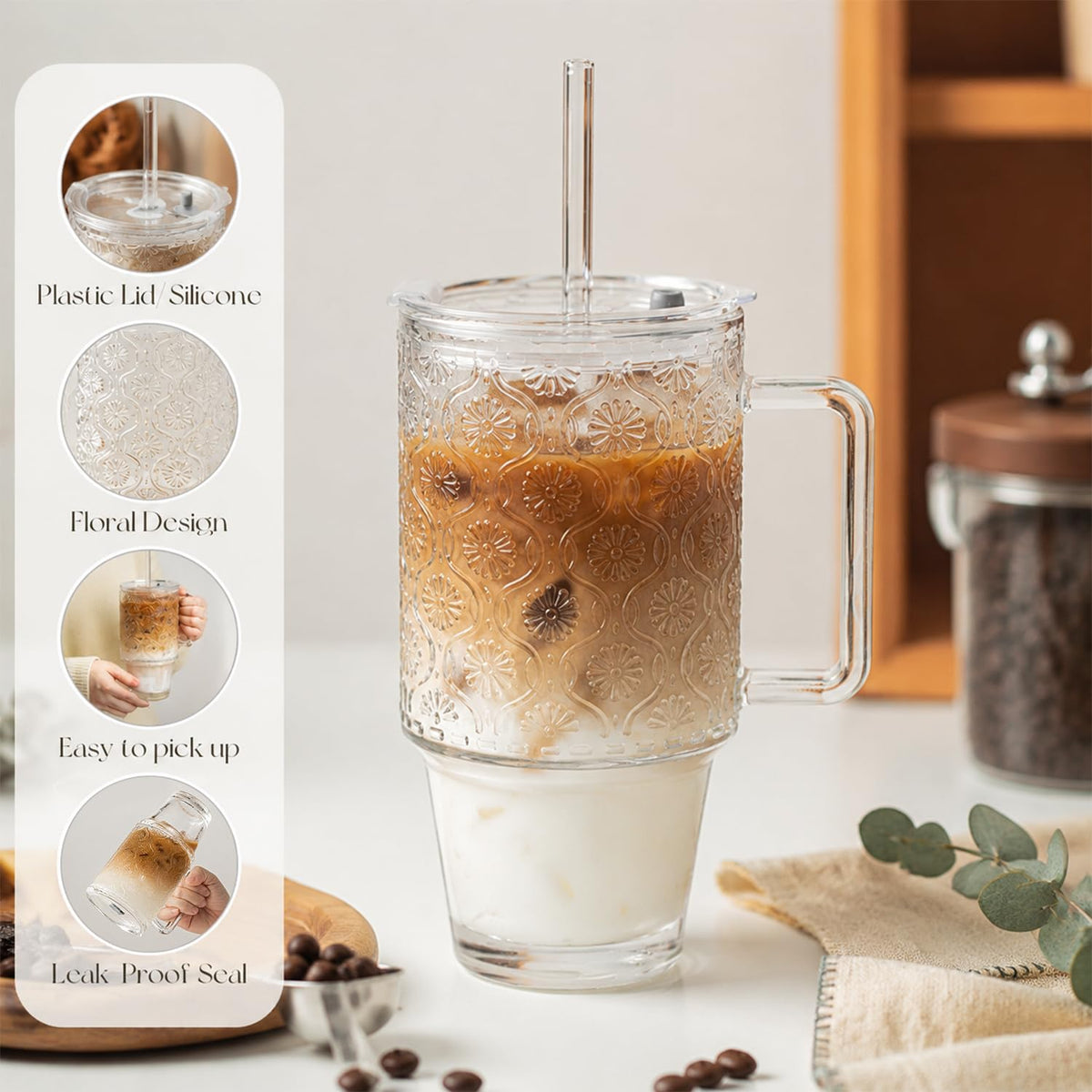 24 Oz Ribbed Glass Tumblers with Lids and Straws M32274