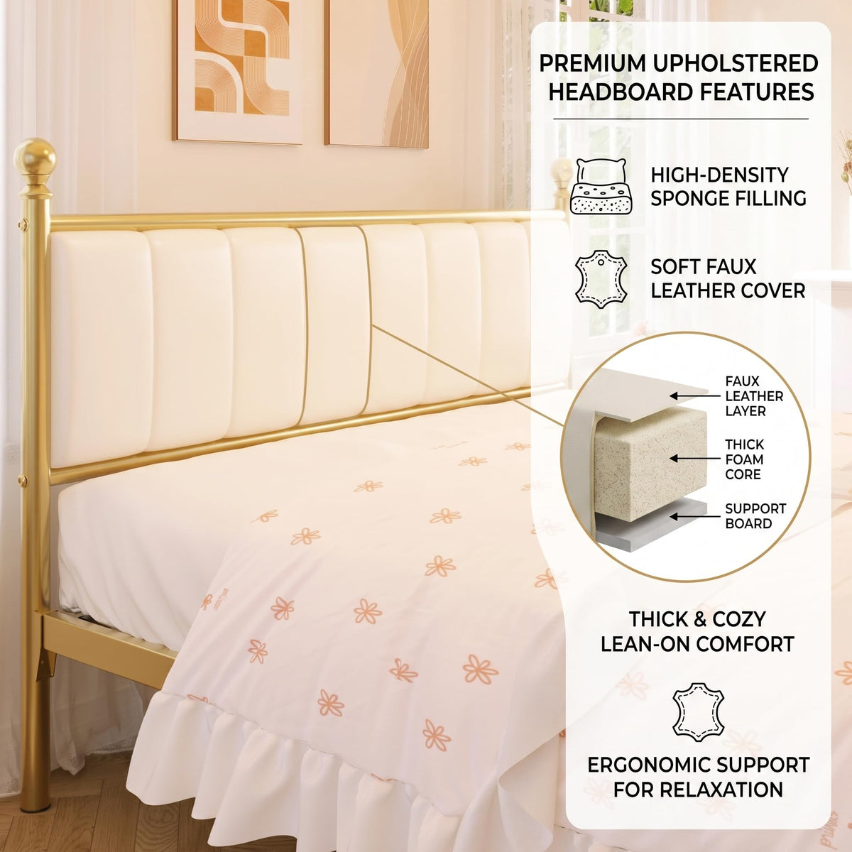 Gold Full Size Bed Frame with Headboard and Under Bed Storage U885