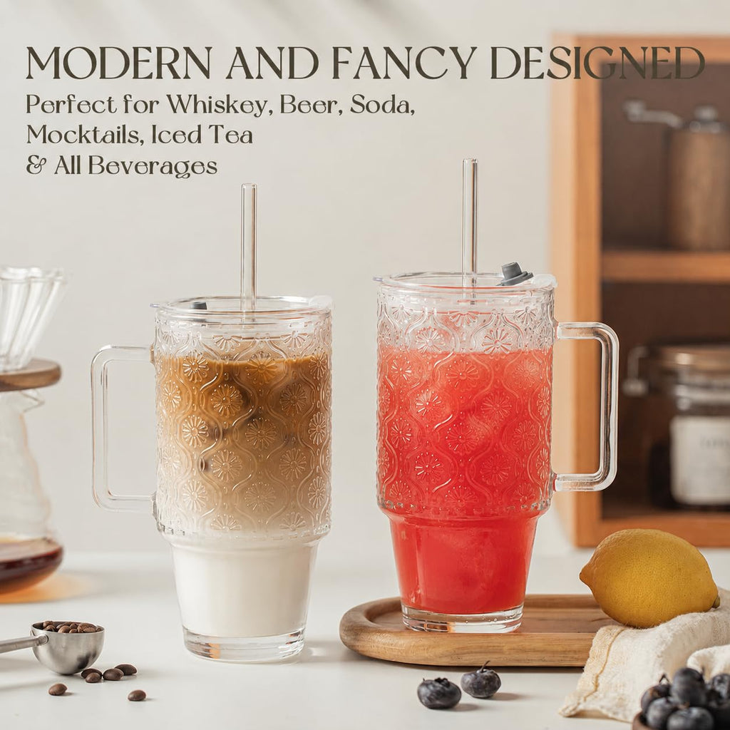 24 Oz Ribbed Glass Tumblers with Lids and Straws M32274