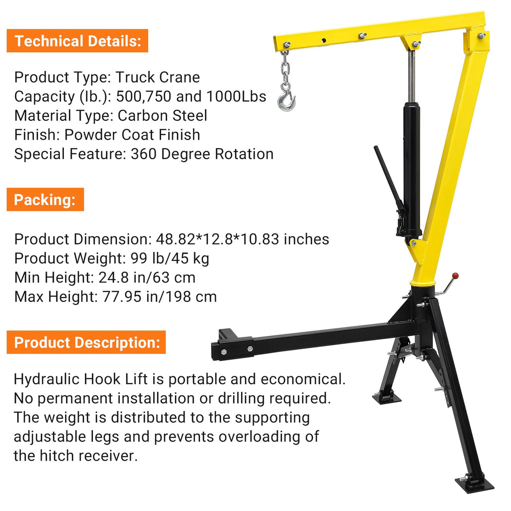 Hydraulic Swivel Hitch Mounted Truck Crane 1000 LBS Capacity C3916
