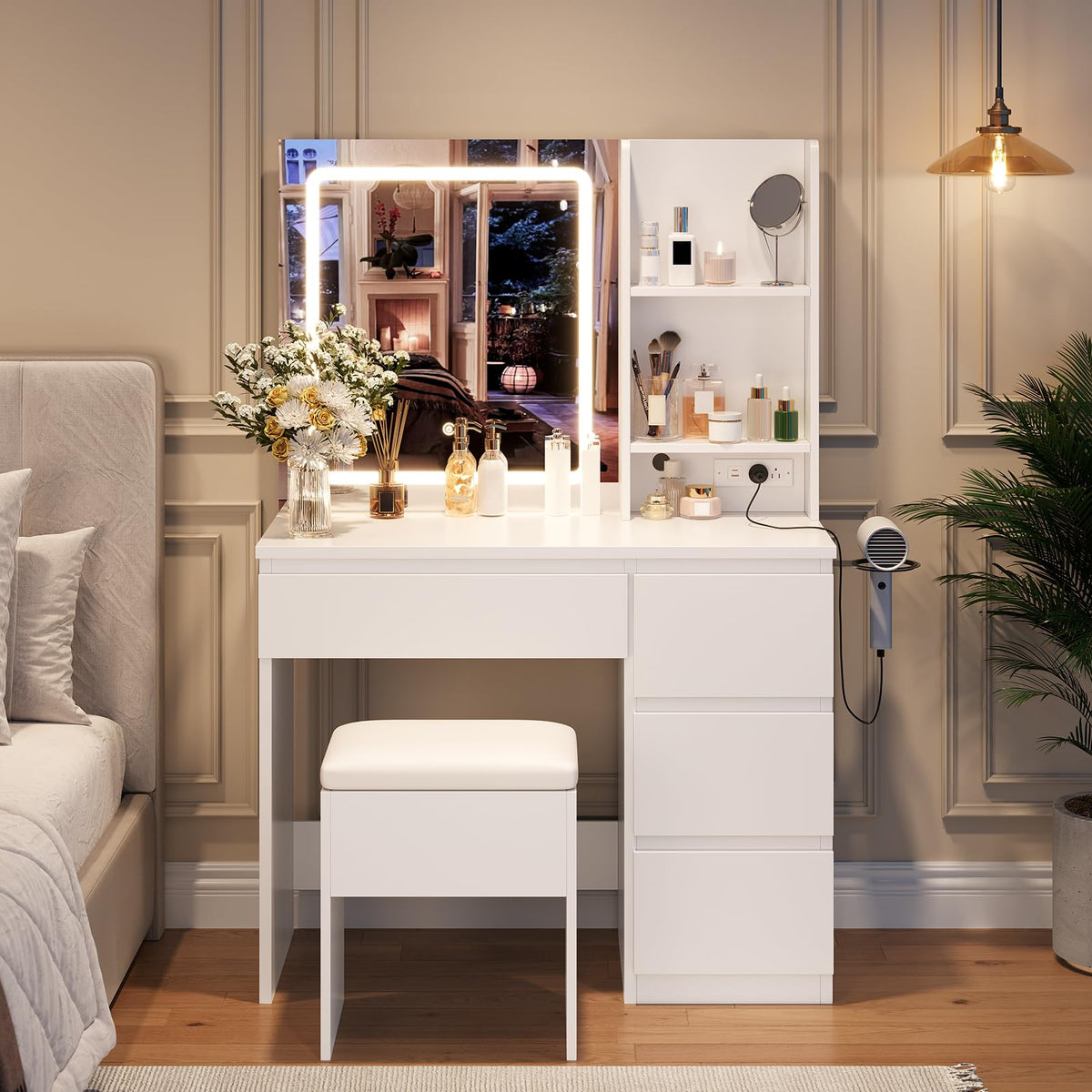 White Vanity Desk with Mirror and LED Light F57546