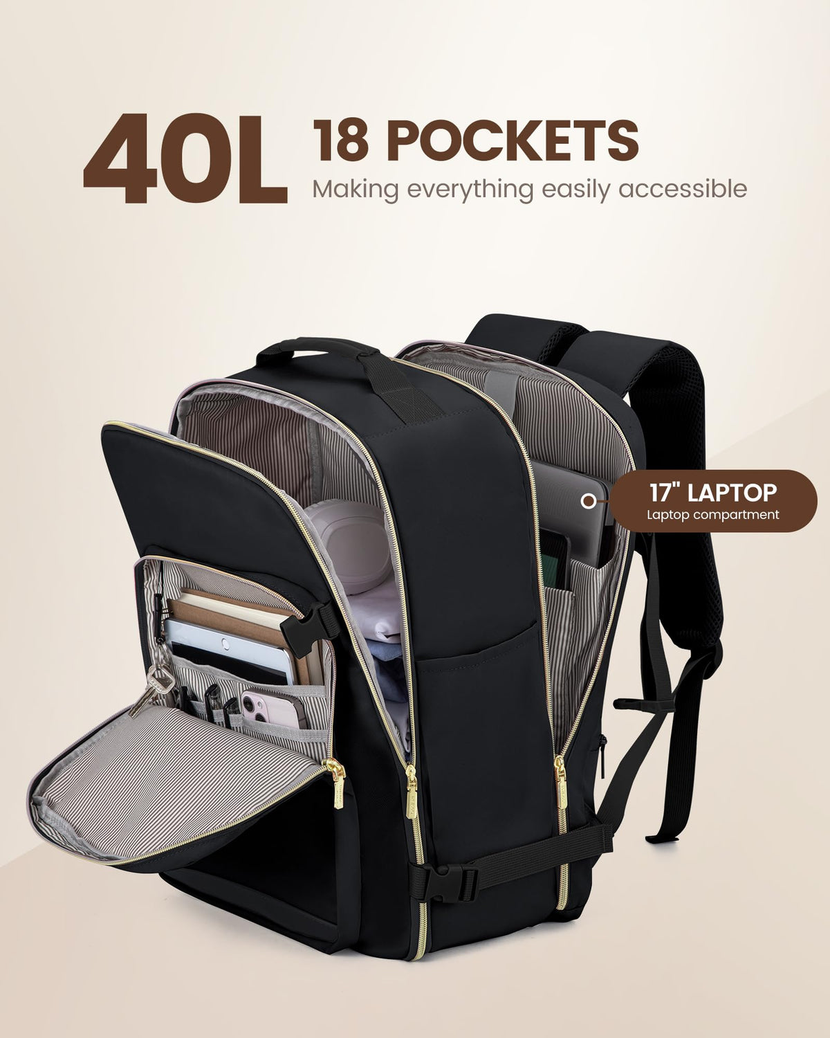 40L Waterproof Travel Backpack with 3 Packing Cubes, fits 17" Laptop B24454