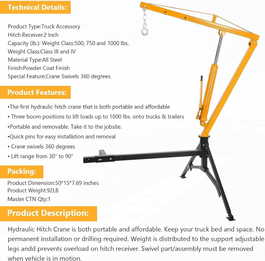 Hydraulic Hitch Mounted Pickup Truck Crane, 1000 Lbs Capacity, 360° Swivel, Yellow F84820