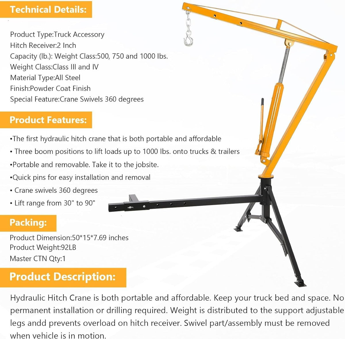 Hydraulic Hitch Mounted Pickup Truck Crane, 1000 Lbs Capacity, 360° Swivel, Yellow F84820