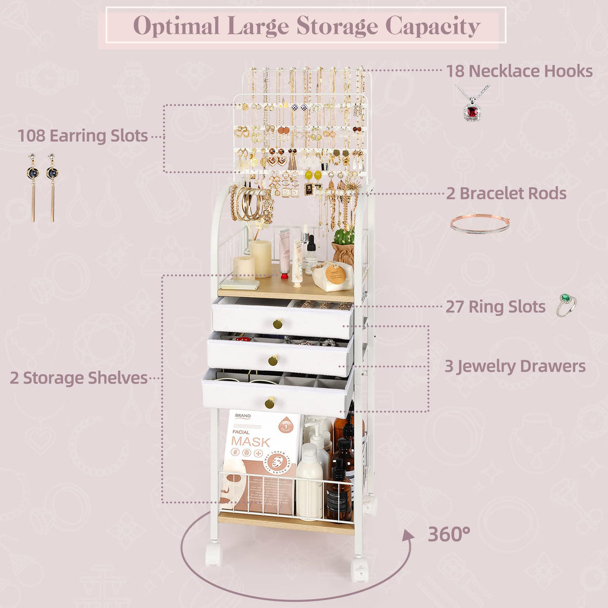 Large White 3 Drawer Floor Jewelry Organizer Stand Q70416