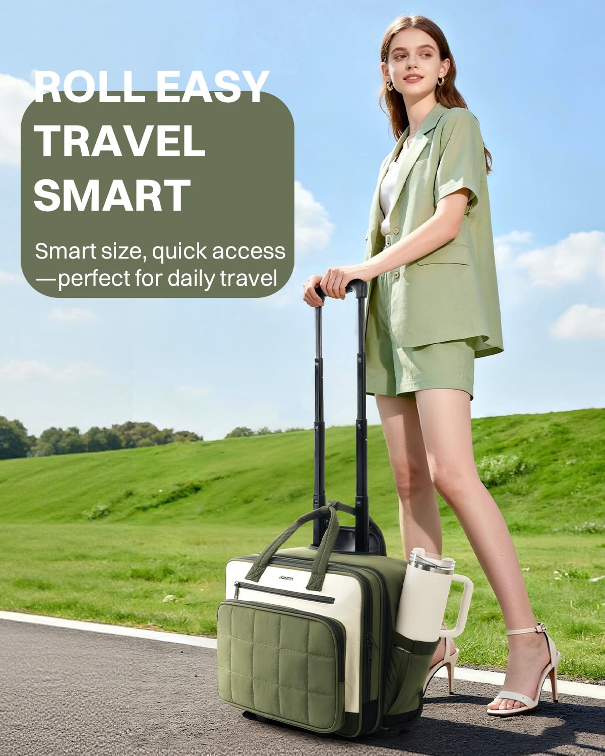 Rolling Puffer Laptop Bag, 16 Inch Water Resistant Carry On Luggage with Wheels, Green S798385
