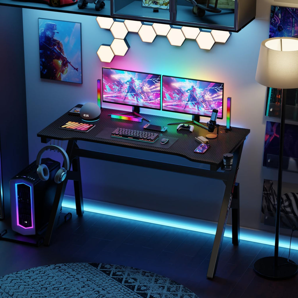 47 Inch Carbon Fiber Gaming Desk with Cup Holder and Headphone Hook P154