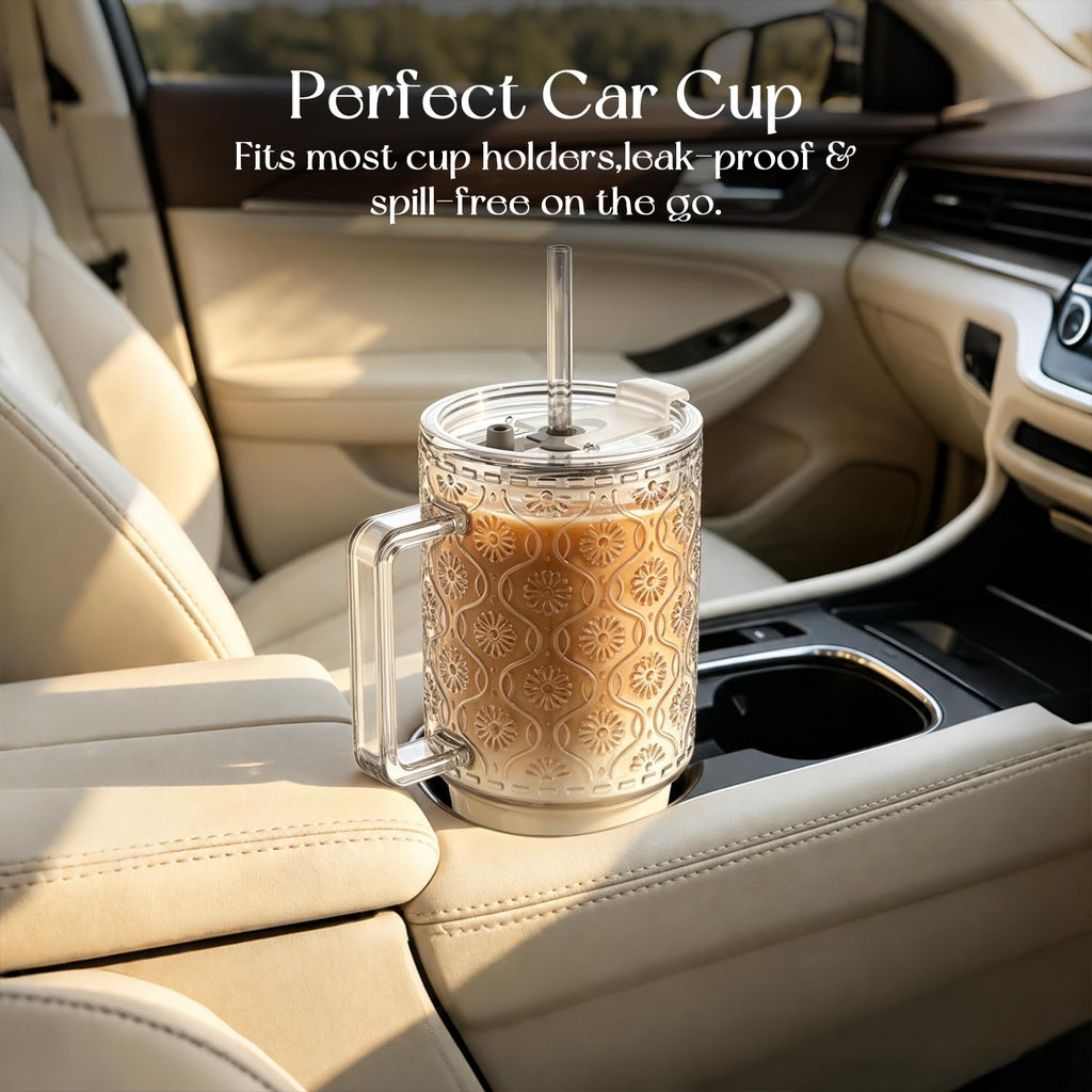 24 Oz Ribbed Glass Tumblers with Lids and Straws M32274