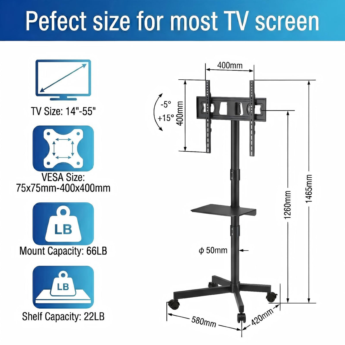 Rolling TV Stand for 14-55 Inch TV, Mobile TV Cart on Wheels, Max VESA 400x400mm, Holds 66 lbs U25321