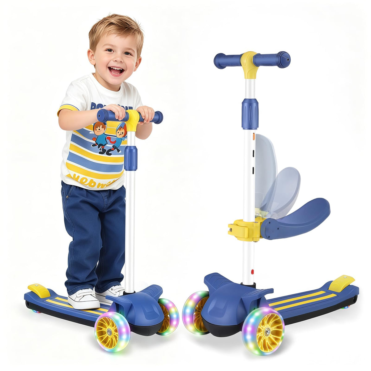 2 in 1 Kids Scooter with Removable Seat, Light up 3 Wheels, 4 Adjustable Height Y326276