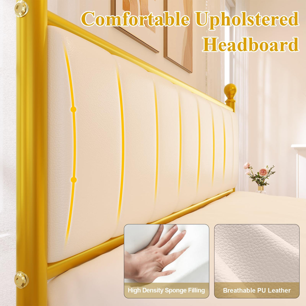 Gold Full Size Bed Frame with Headboard and Under Bed Storage U885