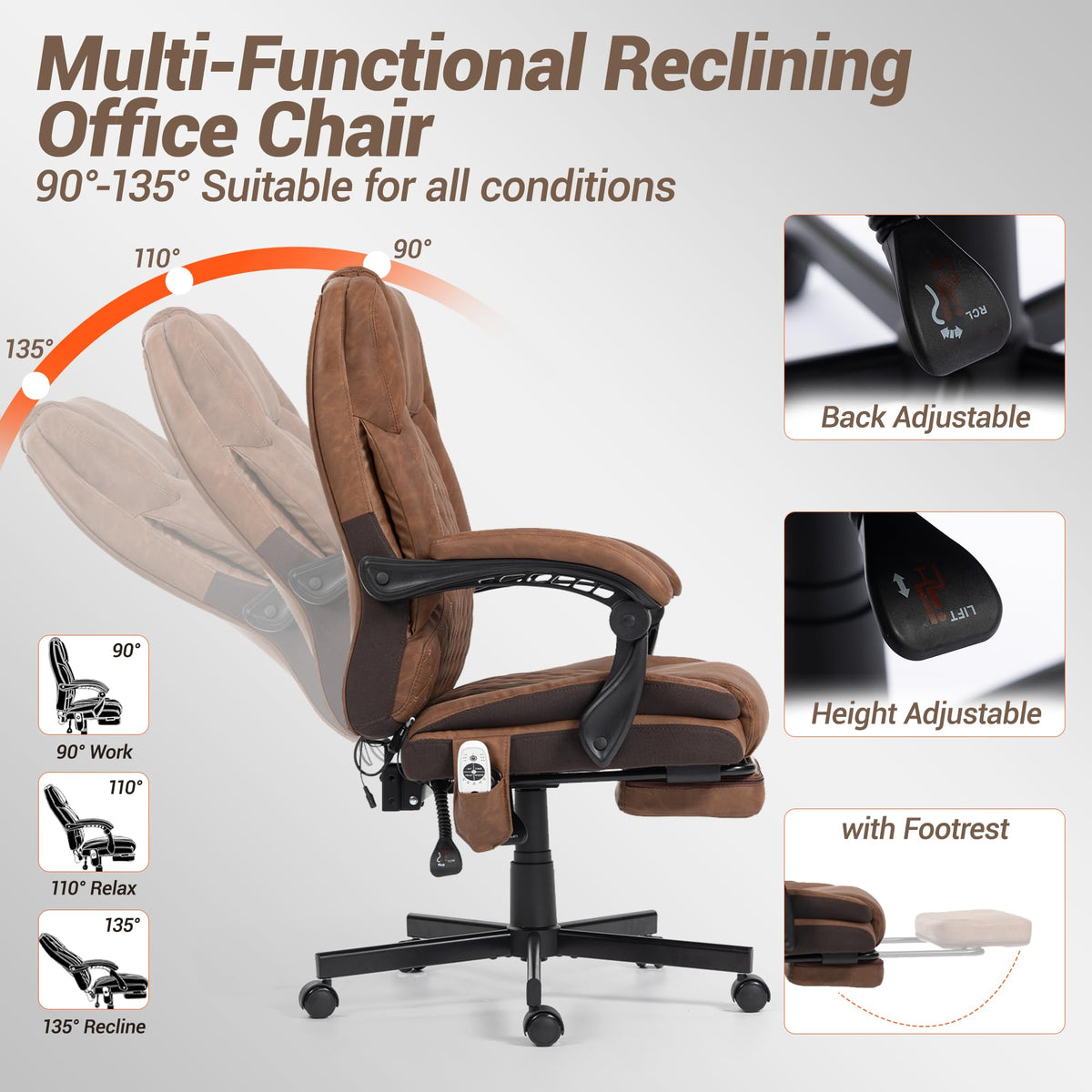Brown Heated Massage Office Chair with Footrest T61567