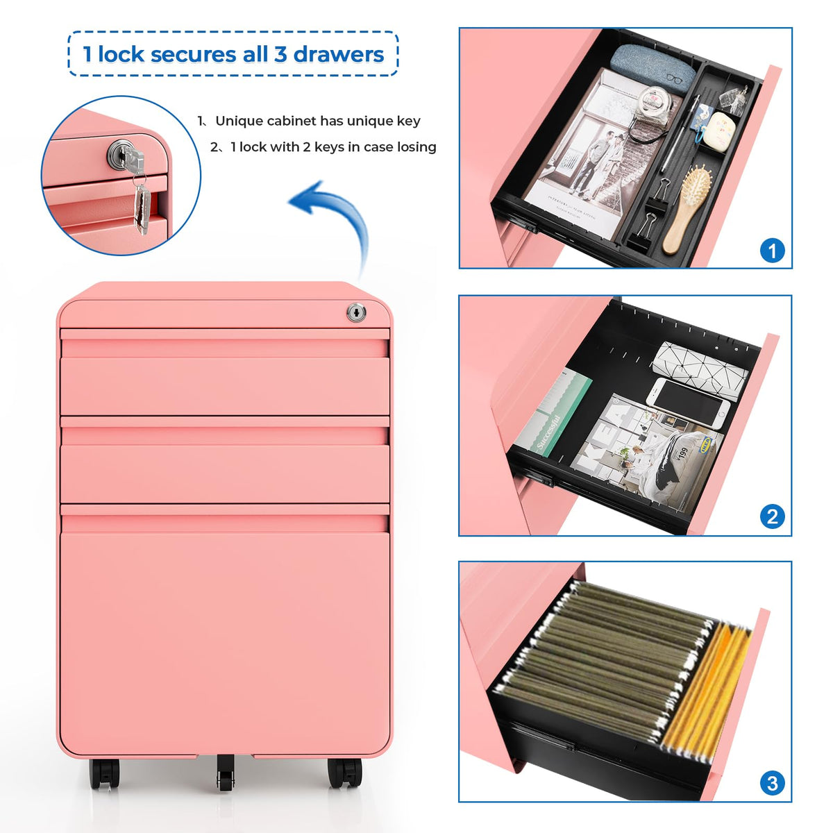 3 Drawer Metal Rolling File Cabinet P73879