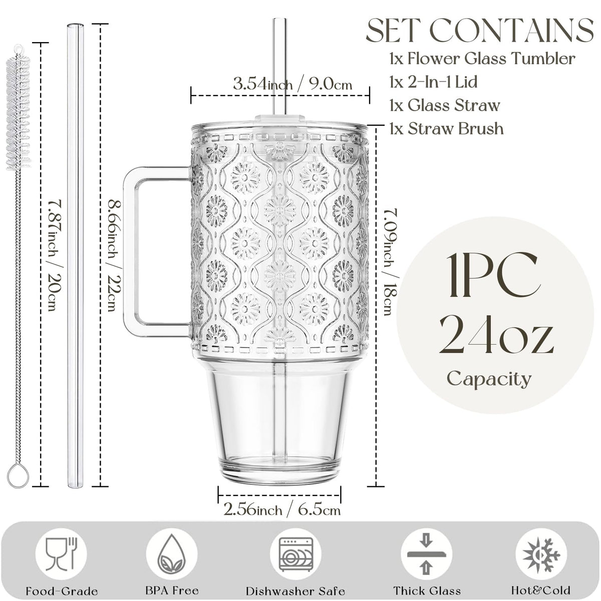 24 Oz Ribbed Glass Tumblers with Lids and Straws M32274