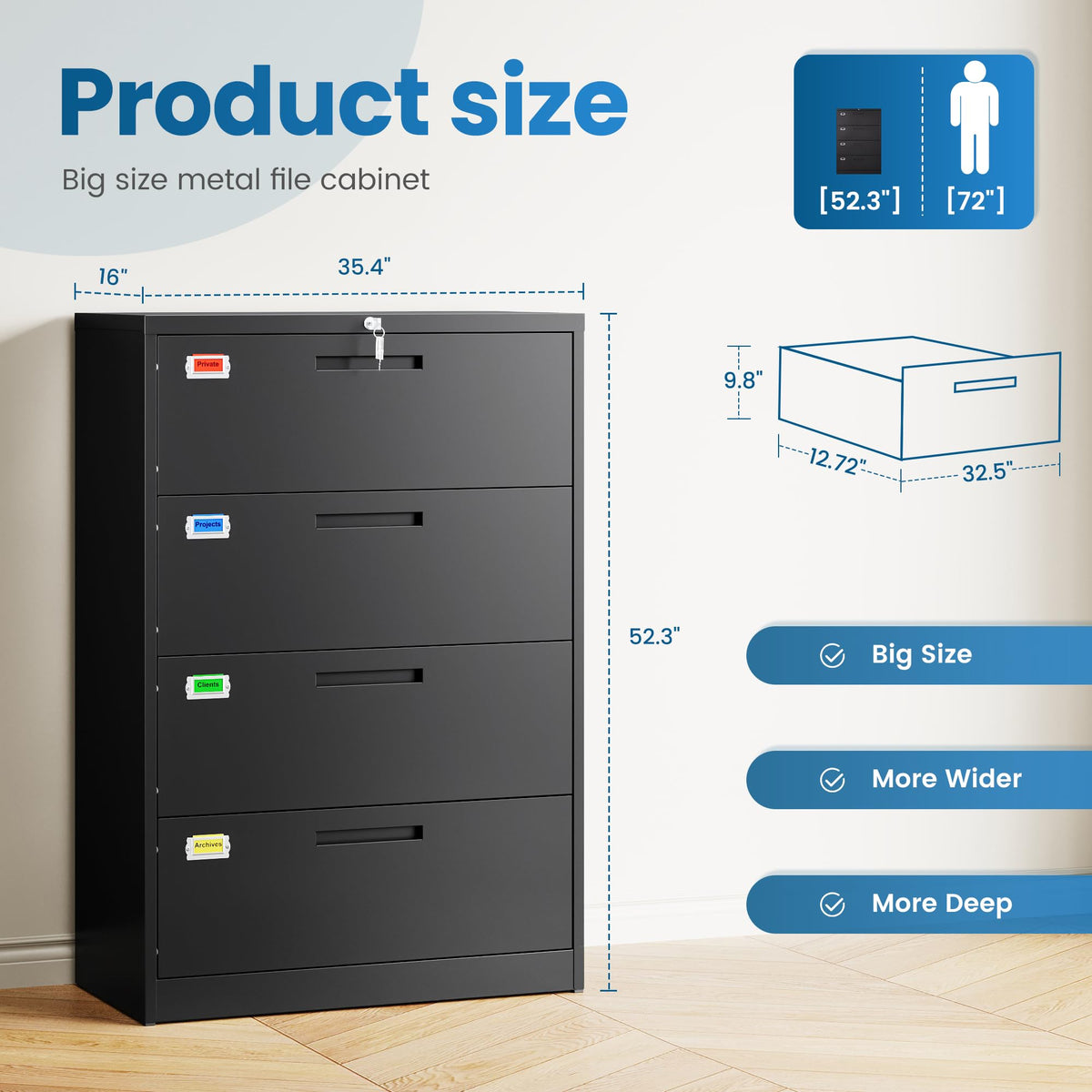 4 Drawer File Cabinet with Lock, Black S593386