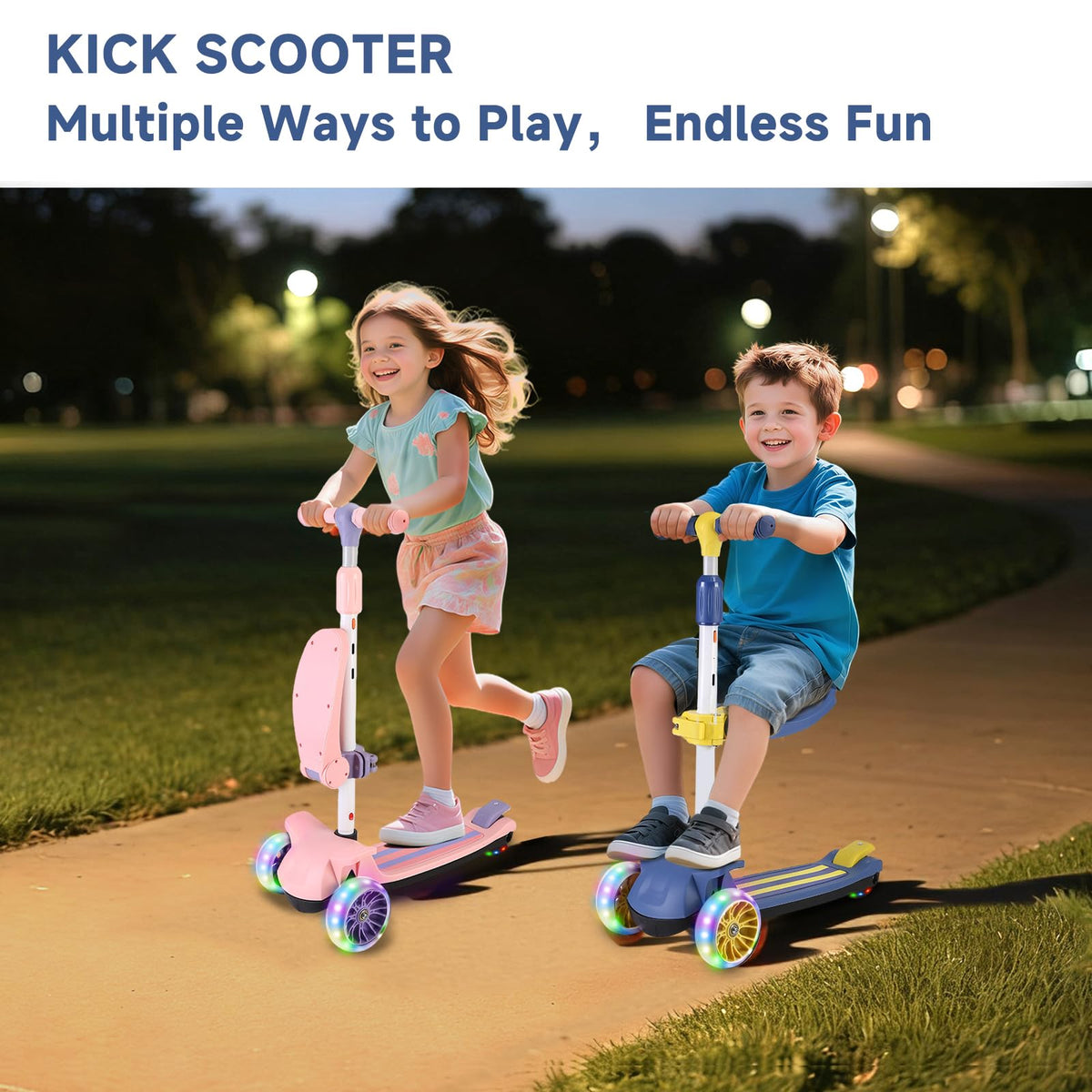 2 in 1 Kids Scooter with Removable Seat, Light up 3 Wheels, 4 Adjustable Height Y326276