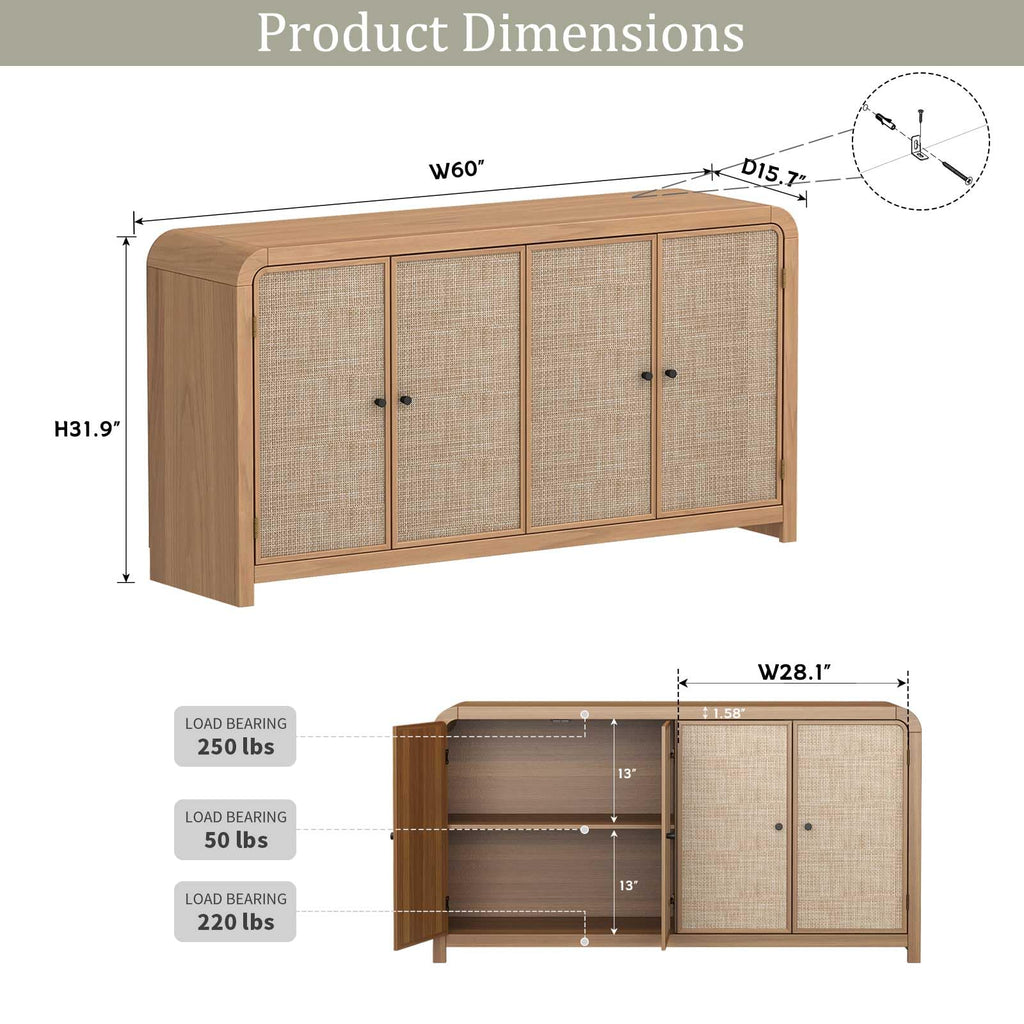 Oak Rattan Sideboard Buffet Cabinet I907